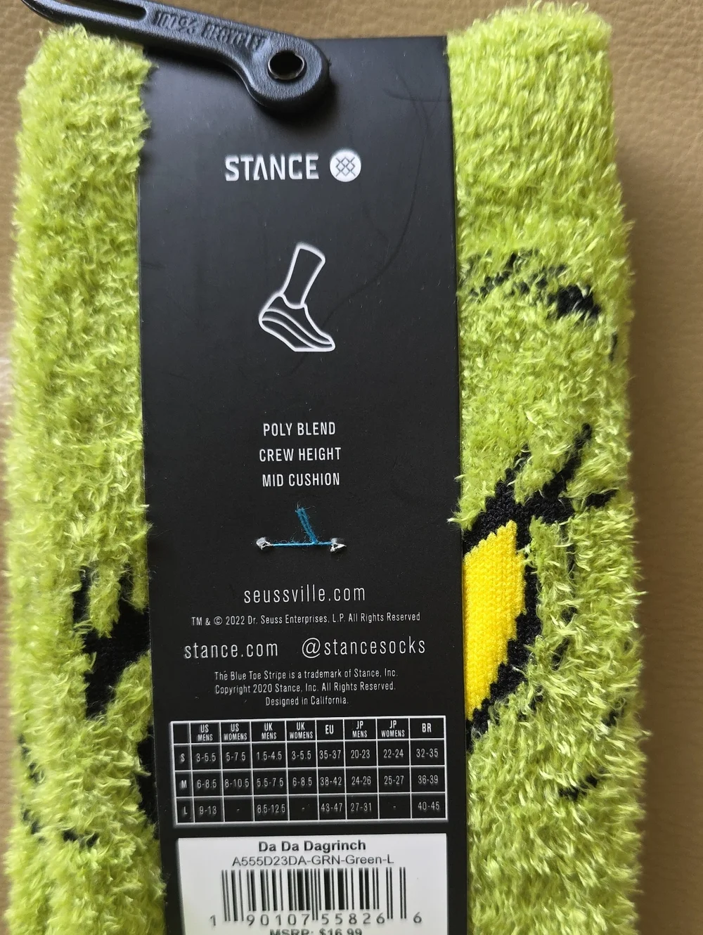 Stance Men's Casual Green Fuzzy Socks - Grinch Eye Design Large 9 -13